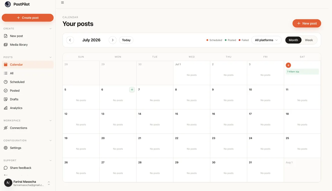 WriteOnce content calendar with scheduled and posted posts