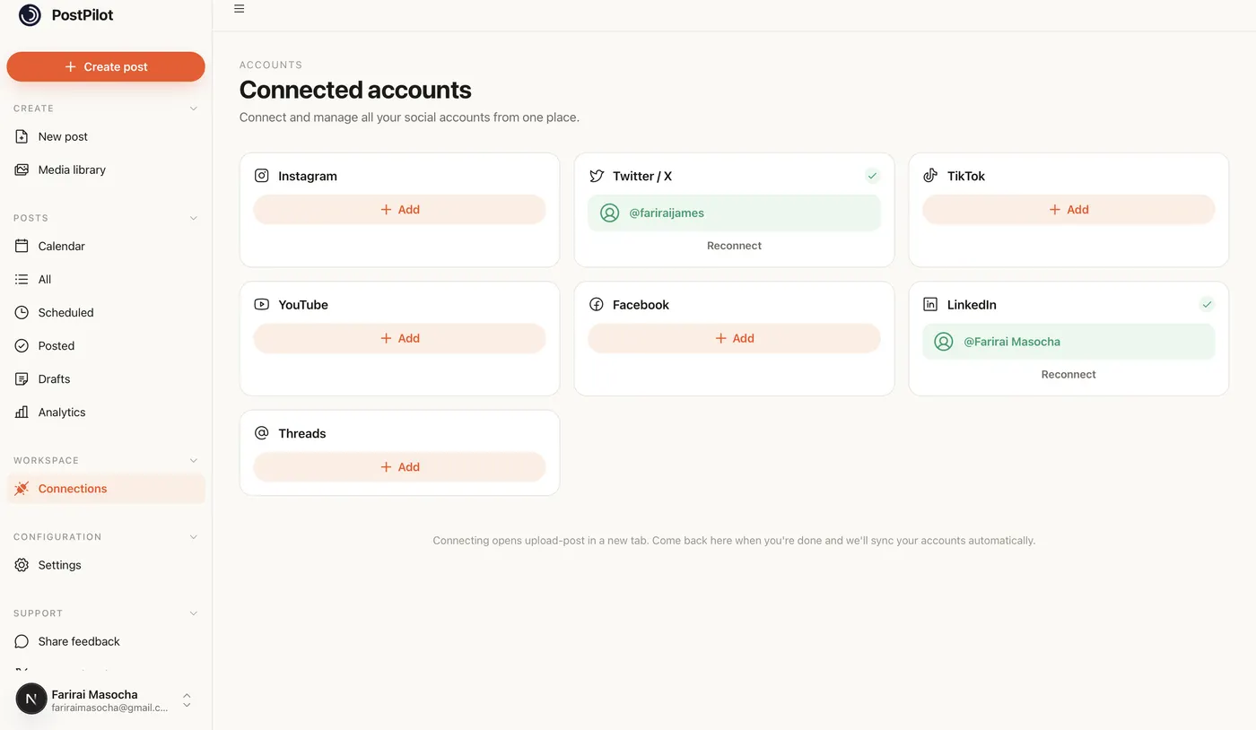 WriteOnce connected accounts page