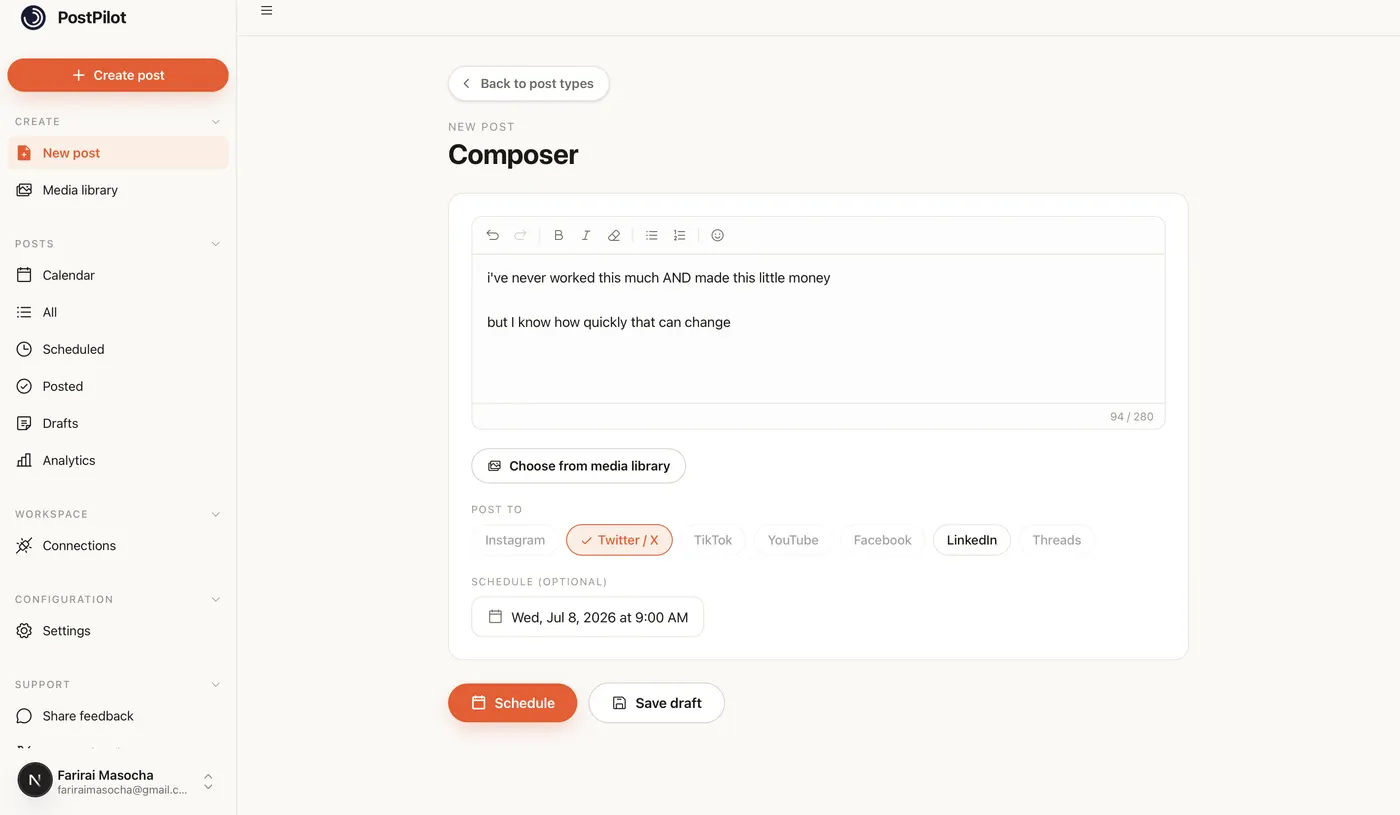 WriteOnce composer with platform selection and scheduling